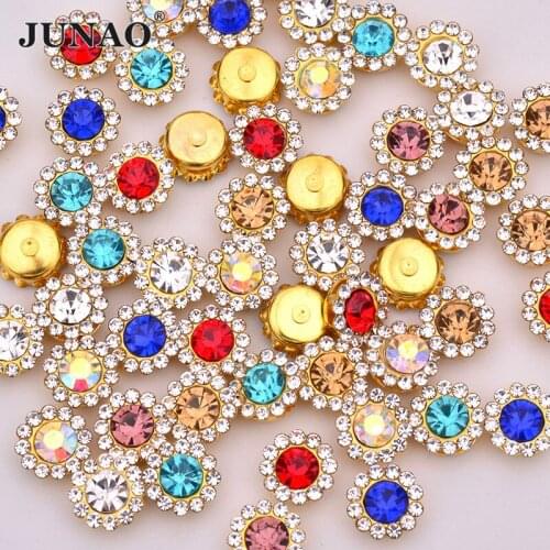 JUNAO 8 10 12 mm Mix Color Gold Claw Flower Crystals Sewing Round Rhinestones Flatback Glass Stones For Dress