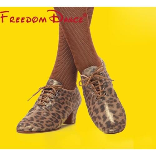 Quality Silk Flash Gold Satin Leopard Print Latin Dance Shoes For Women Split Soles 5cm Heel Ballroom Dancing Shoes For Ladies