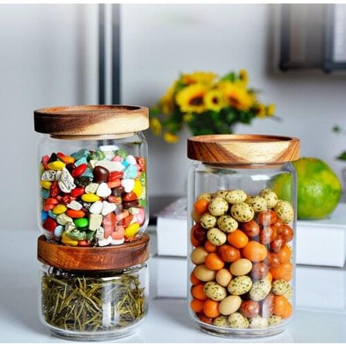 Kitchen Sealed Glass Transparent Storage Can Food Storage Organizer Wooden Lid Flower Tea Containers
