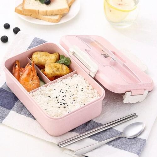 Microwave Lunch Box With Stainless Steel Spoon 1000ml Wheat Straw Portable Bento Box For Kids School Office Food Storage Box