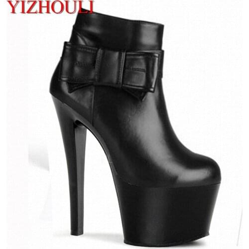 Fashion 17 cm bows adorned female motorcycle boots, high platform boots 8 inches tall, sexy womens shoes