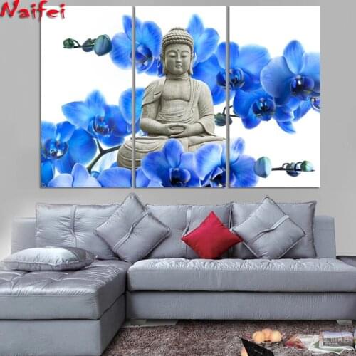 3 Pieces Buddha Blue Orchid Diamond Painting for home Decor Triptych Diamond Embroidery Full Display Square/Round Drill
