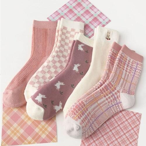 Pink White Plaid Autumn Winter Thick Warm Long Socks Japanese Kawaii Cartoon Cute Woman Socks for Women Homewear Sleeping Socks