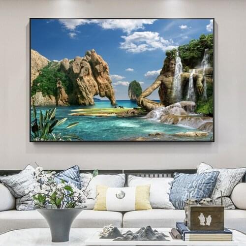 Stone Elephant And Lord Waterfall Posters And Prints Nature Paradise Landscape Wall Art Canvas Painting Picture For Living Room