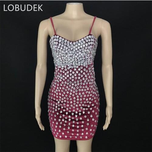 Multicolor Rhinestones Mesh Dress Women Fashion Birthday Party Prom Transparent Crystals Outfit Bar Singer Costume Black Pink