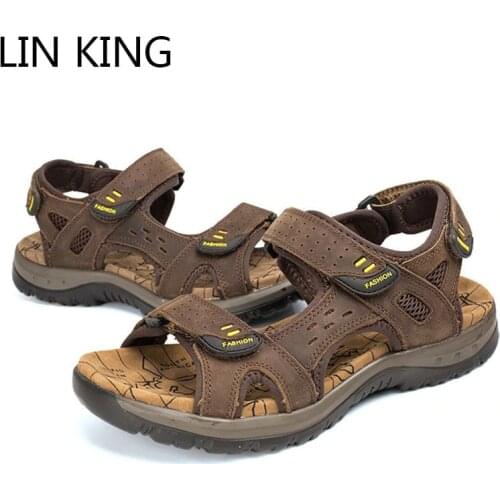 LIN KING Classic Genuine Leather Sandals For Men Cool Summer Outdoor Shoes Soft Sole Comfortable Anti Skid Man Beach Sandals