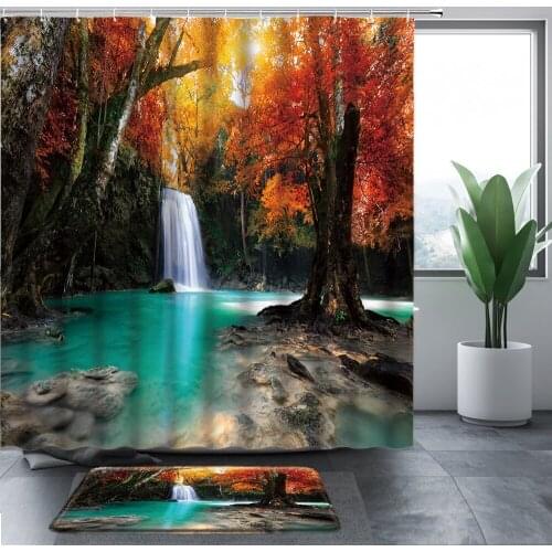 Forest Waterfall Plant Shower Curtain Yellow Red Tree Autumn Senery Bath Curtains Flannel Mat Two Piece Set Landscape Home Decor