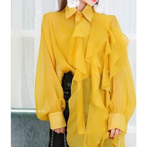 2020 Spring New Womens Shirt,Large Lantern Sleeve Shirt with Irregular Ear Edge,womens Tops and Blouses