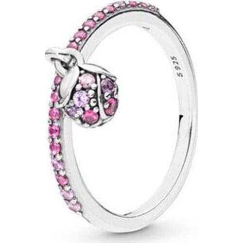 925 Sterling Silver Pan Ring Peach Blossom Love In Full Bloom With Pink Crystal For Women Party Gift Fashion Jewelry