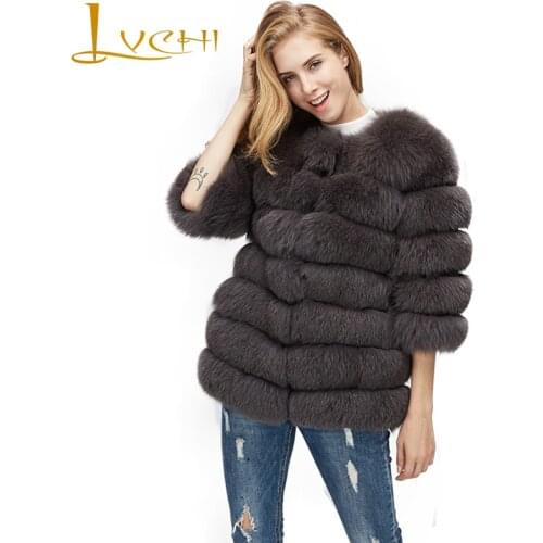 LVCHI Winter 2019 Europe and the United States Real Fox Fur Coats Red Sliver O-Neck Natural Fox Fur Coat Womens Plaid Fox Coats