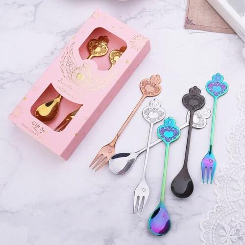1 Set Stainless Steel Crown Coffee Spoon and Fruit Fork Sticks Learner Gifts Set Cookware Tableware Kit with Box