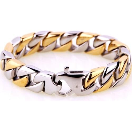 15mm Fashion Stainless Steel Silver Color And Gold Color Cuban Curb Chain Mens Bracelet Bangle Biker Jewelry 8.46" Xmas Gift