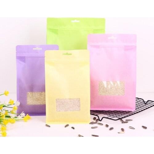 300pcs/lot Big Capability Food Moisture-proof Plastic Kraft paper Bags Clear Window Bags Stand Up Flat Bottom Packaging Bags