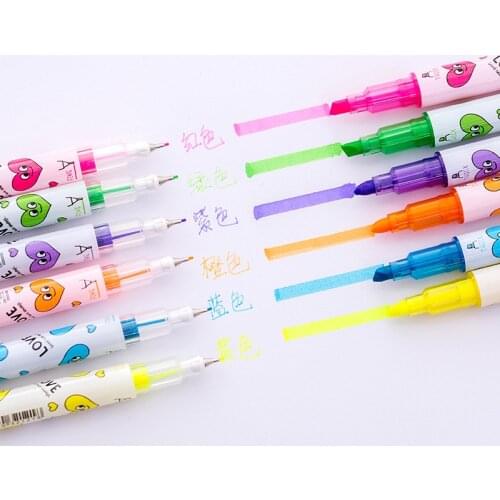 6pcs/set Cartoon stationery Colorful Heart Double Headed Fluorescent Pen Hook Pen Highlighter Pen Color Mark Pen Cute