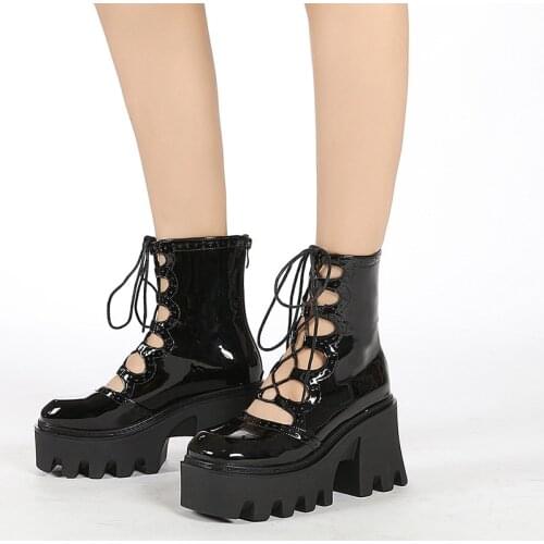 Four Seasons Trend Trifle Sole Sandals Boots Front Lace-up Back Zipper Front Hollow Short Boots Womens Platform Leather Boots