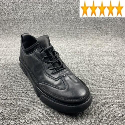 Toe Elastic Band Black Round Active Cowhide Waterproof Non-Slip Low-Top Slip-On Genuine Leather Mens Outdoor Casual Shoes