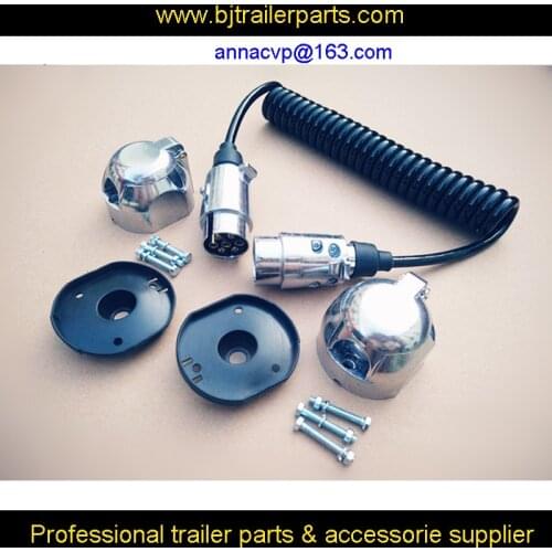 Towing trailer curly cable, spiral cable, coiled cable, 3m, 7 pin 12V alu. trailer plugs and 2 pieces sockets, trailer parts