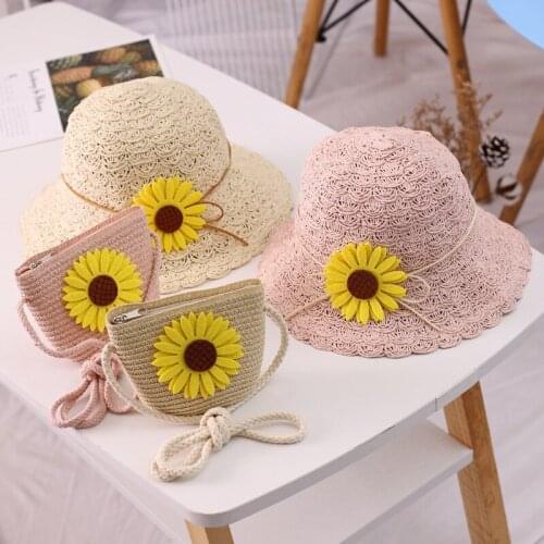 2pcs Childrens New Fashion Princess Straw Hat Summer Sunshade Panama Hat for Girl Beach Child Messenger Bag Mini Coin Crossbody