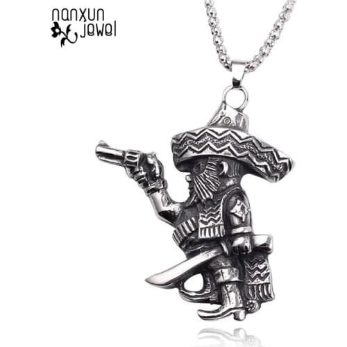 Gothic Vintage Pirate Gun Captain Pendant Necklace Punk Long Chain Antique Silver Color Charm Gifts For Boys Men Necklaces Kolye