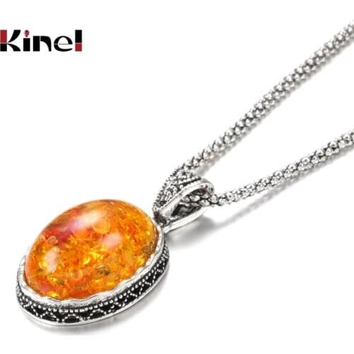 Kinel Luxury Simulated Ambers Necklace For Women Tibetan Silver Oval Flower Pendant Ethnic Wedding Boho Jewelry