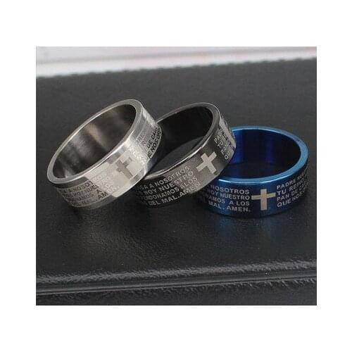 Stainless Steel Black Color Jesus Cross Ring Letter Bible Prayer Finger Rings For Men Amulet Jewelry