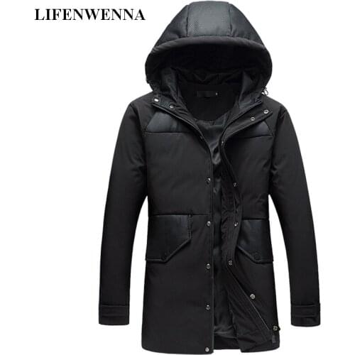 LIFENWENNA Down Jacket Mens Fashion Workwear Casual Patchwork Parkas Mid-Long Thicken Outdoor Warm Winter White Duck Down Coat