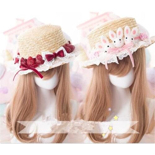 Mori Girl Summer Rabbit Straw Hats For Women Beach Sun Hat Lolita Kawaii Princess Lace Bow Straw Hat B1450