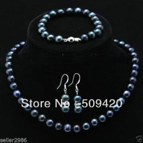 Free Shipping>>> 8mm black Fresh water Pearl Necklace Bracelet Earring Sets