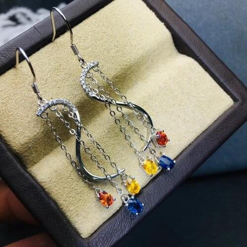 Latest design natural color Sapphire Earrings. Rare gem high-end lady jewelry. 925 Silver