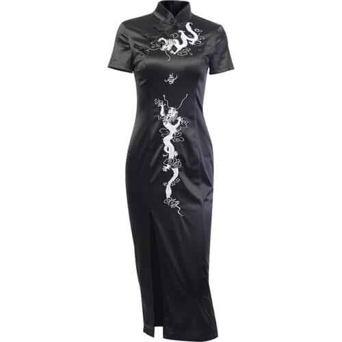 2021 New Women Dress Black Vintage Gothic Halloween Dresses Dragon Embroidered Long Party Dress Spliced Chinese Cheongsam
