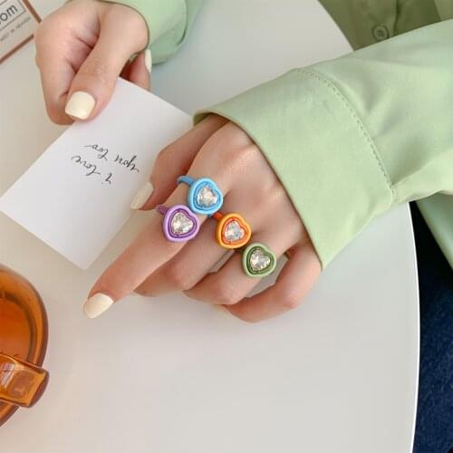 New Korean Colorful Multilayer Heart Ring Simple Metal Drop Oil Crystal Rhinestone Rings For Women Spring Fine Lucky Jewelry