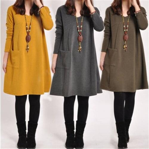 Fashion Autumn Winter Dress Women Vintage Solid Dresses Casual Loose Long Sleeve Pockets Oversized Vestidos Women Clothing