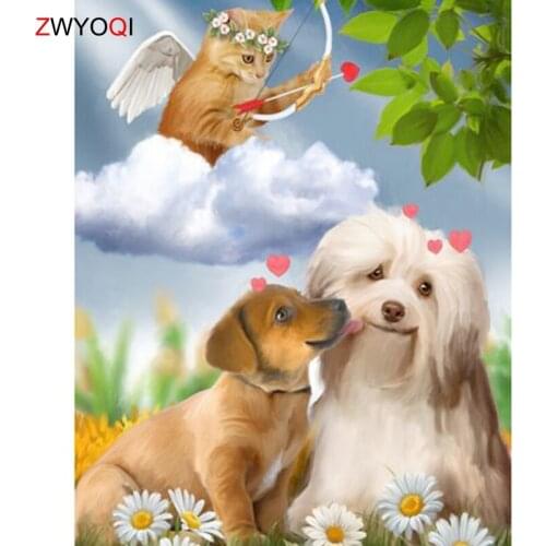 Full Square Diamond embroidery dogs kiss Cupid White clouds Full Round Diamond mosaic DIY 3D Diamond painting Cross stitch