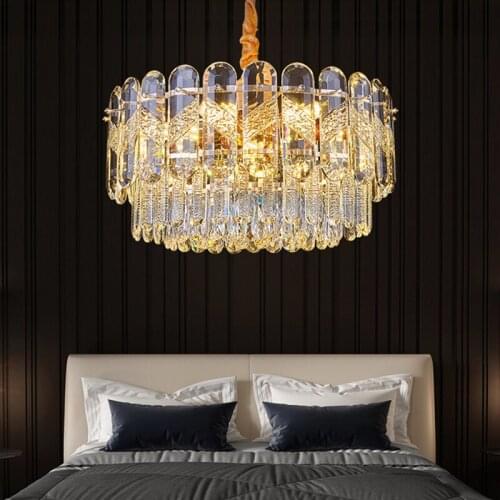 Luxury Foyer Led E14 Pendant Lights Lustre K9 Crystal Chain Hanging Lamp Modern Gold Metal Living Room Pendant Lamp Fixtures