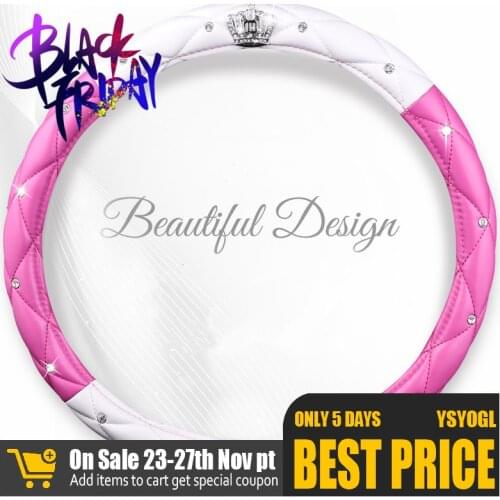 Luxury Women PU Leather Car Steering Wheel Covers Diamond Black Pink Auto Steering-Covers Cases for Lady Girls Car Accessories