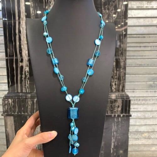 Blue color natural shell and pearl mixed pendant necklace casual style fashion women jewelry free shipping