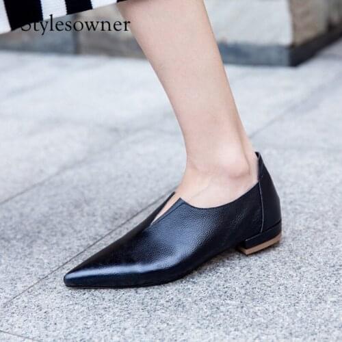 Stylesowner 2018 New Design Hand-made Leisure Shoes Cow Leather Pointed-toe PU Low Heels Shallow Korean Style Casual Shoes