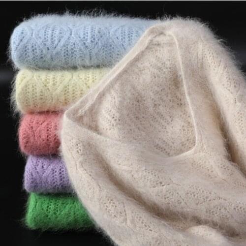 Super warm 100% mink cashmere sweater and pullover womens spring 2021 new stretch top V-neck womens knitted bottoming shirt