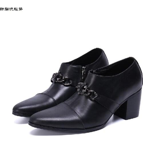 Luxury Italian Men Business Shoes Pointed Toe Formal Dress Shoes Metal Charm Genuine Leather Party Men Shoes Black High Heels