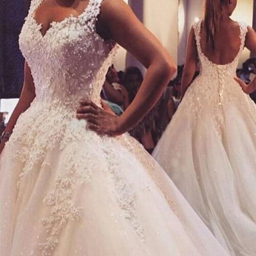 Ball Grown wedding dress vintage marriage dress lace-up back wedding gown beading pearl dress Custom made dress made in China
