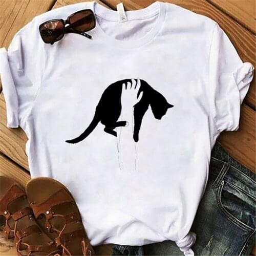 Women Funny Graphic T Shirt Black Cat and Ink Printed T-shirt Short Sleeve Tops Tee Femme Aesthetic Fashion Tshirt Woman Tshirt