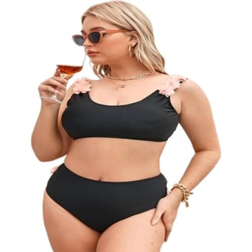 Plus size women swimsuit womens split swimsuit petals hand sewn fattening high waisted bikini