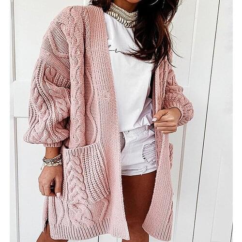 Women Winter Cardigan Vintage Twist Sweater Knitwear Autumn Pocket Long Top Female Solid Lantern Sleeve Oversized Knit Cardigans
