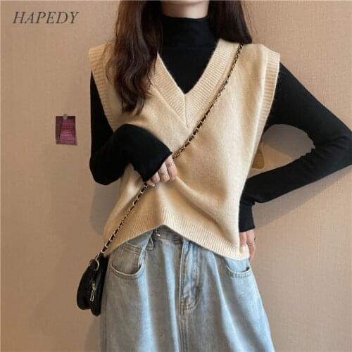 Vest Women 2020 Spring Autumn Sleeveless Sweater Vest Solid Knitted V-neck All-match Pullover Loose Simple Coats Outwear Chic