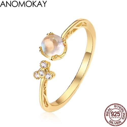 Anomokay Classic Natural Moonstone Open Gold Color Rings Real Sterling 925 Silver White Zircon Rings for Women Birthday Gift