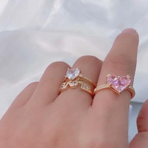 14K Gold Plated Luxury Zircon Letter Love Adjustable Rings for Women Pink Crystal Heart Engagement Rings