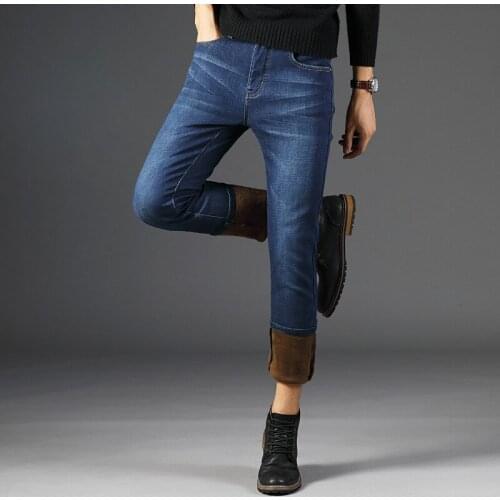 2020 Winter Warm Fleece Business Fashion Thicken Denim Trousers Stretch Jeans Mens Long Trouser 28-40