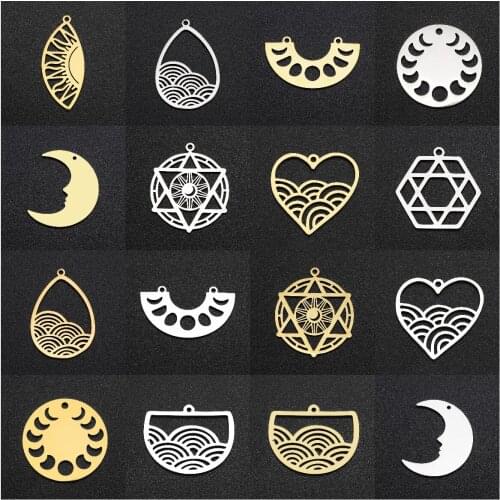 5Pcs Stainless Steel Heart Moon Sun Star Of David Pendants Charms Connectors For DIY Necklace Earring Dangles Jewelry Making