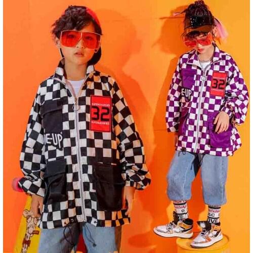 Childrens Hip-Hop Clothes Girls Jazz Dance Costumes Plaid Jacket Pants Kids Ballroom Clothing Boys Street Dance Wear XS1438