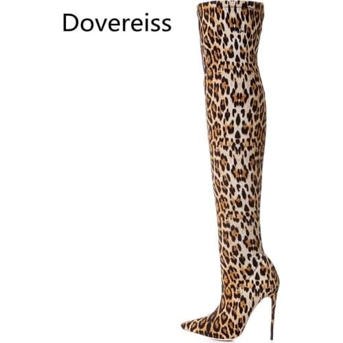 Dovereiss Fashion Womens Shoes Winter new Elegant Slip on Stilettos heels sexy Leopard print Over the knee boots Concise 33-43